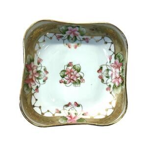 Antique Nippon Hand Painted Porcelain Square Porcelain Floral Bowl – Pink Gold